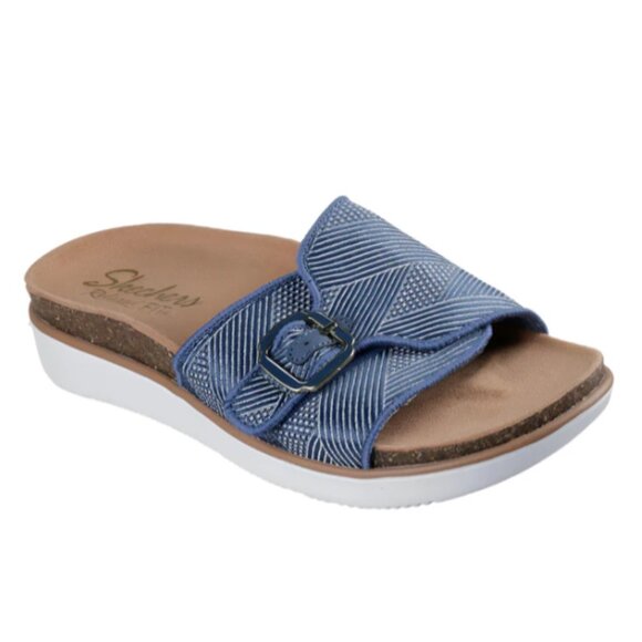 NIB Skechers Relaxed Fit Women's 7 Lifted Comfort Restless Wave Navy Sandal - Picture 1 of 14